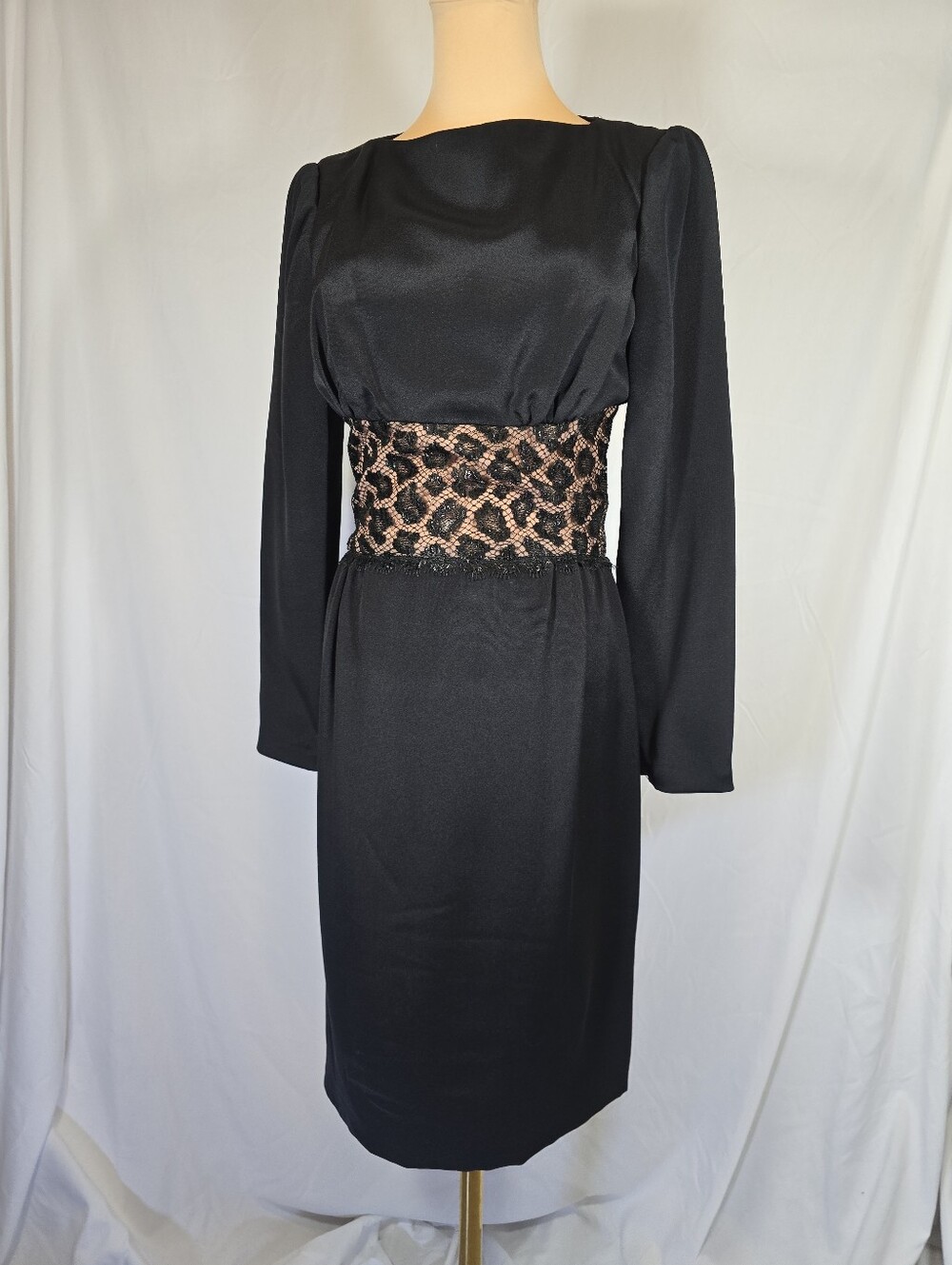 Vintage Mignon Black Long-Sleeve Dress with Embellished Leopard Waist & Back